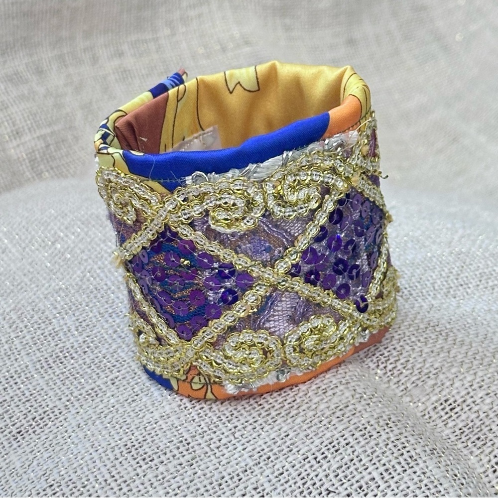 RUBYRUDI Cuff Bracelet Handcrafted OOAK Fabric Embellished Artisan Wearable Art - Picture 8 of 12